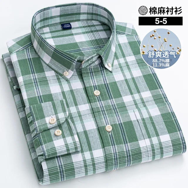 Pure Color Hemp Shirt Striped Plaid Middle-aged Business Slim Fit Shirt Men Longsleeve Shirt for Men Button Down Shirts for Men 4