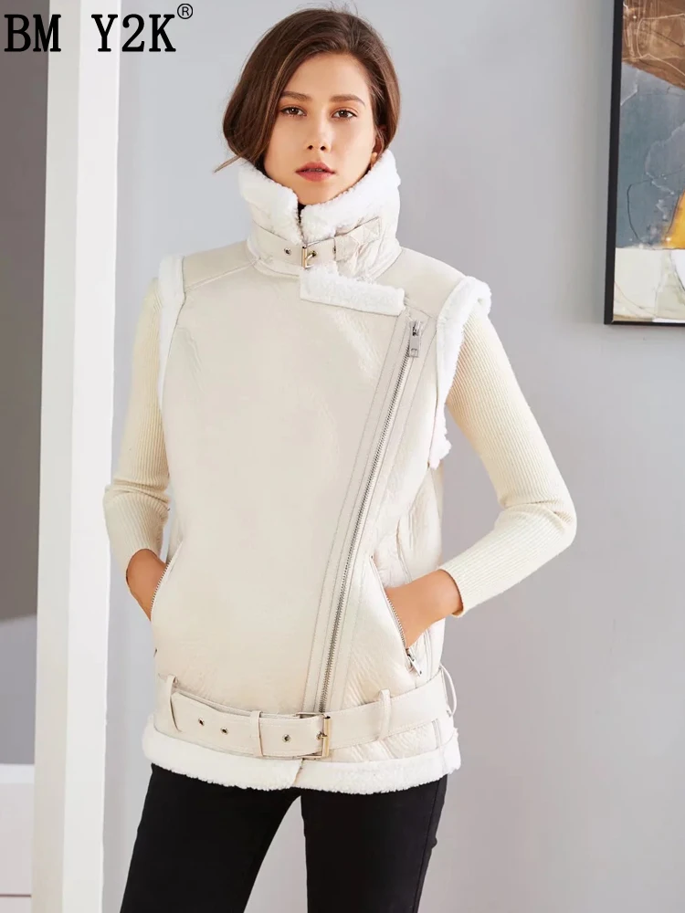 

Новинка меховая женская куртка BM Y2K без рукавов с свободным ремнем теплая куртка из овечьей шерсти весенне-осенняя утепленная куртка с локо...