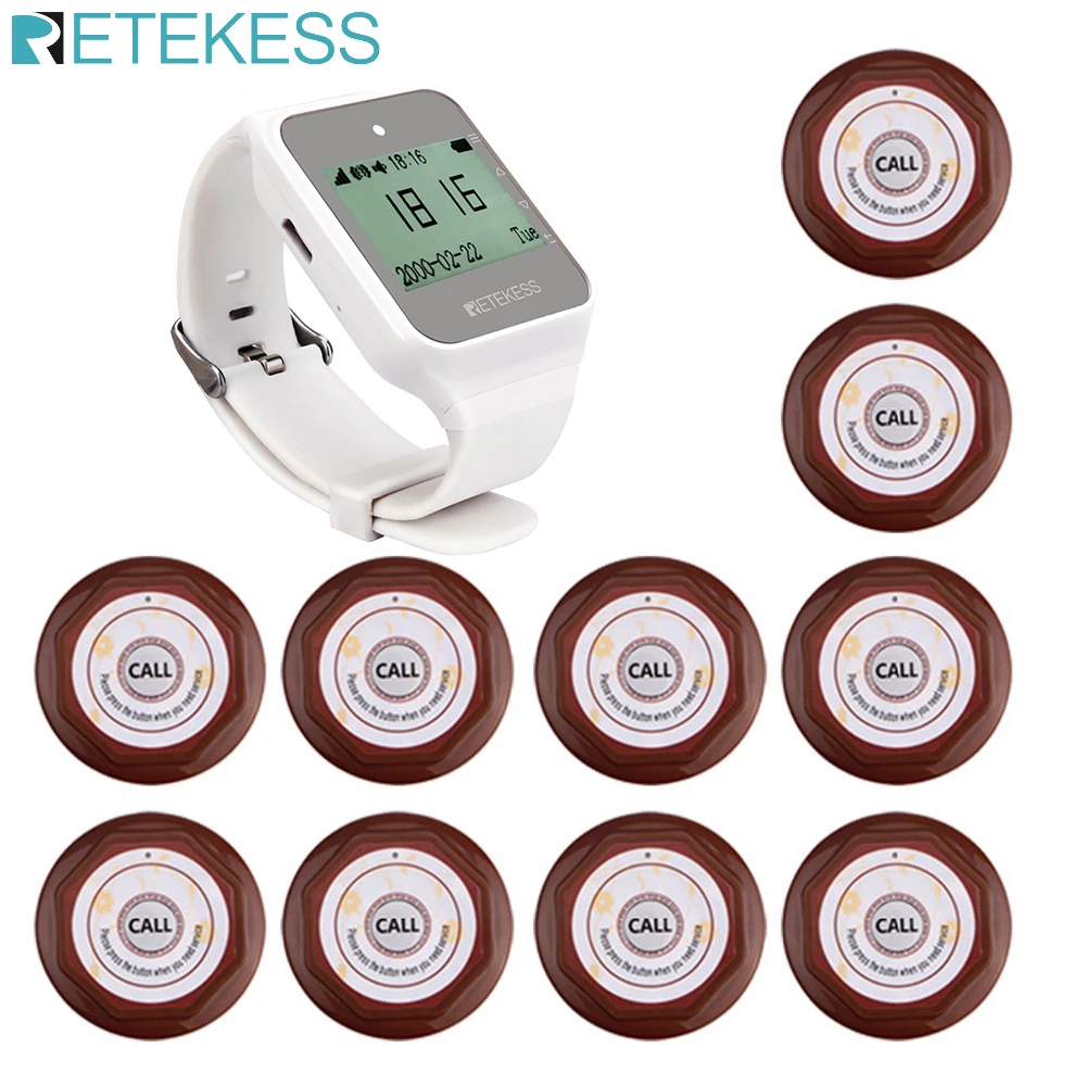 Retekess TD108 многоязычные часы приемник+ 10 шт. кнопка вызова для ресторана пейджер Беспроводная система вызова обслуживание клиентов