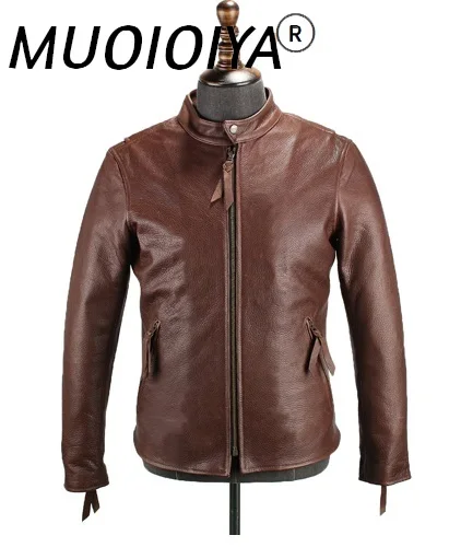 

Free shipping.New American oil wax leather coat,classic motor jacket.man brown Engraved genuine leather jacket.quality.sales