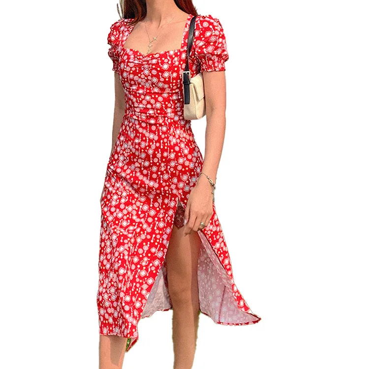 

Fresh Sweet Style Floral Print Dresses Puff Sleeve V-neck High Waist Split Maxi Dress Summer Beach Vacation Slim Robe 3 Colors