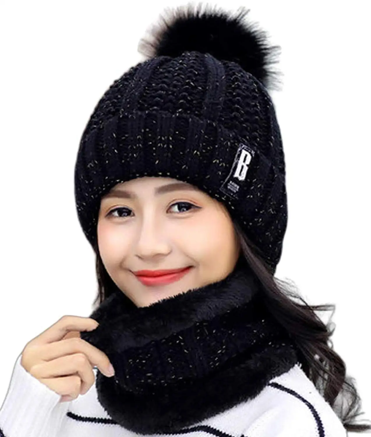 Женская зимняя Плотная шапочка комплект из 2 предметов шапка шарф симпатичный