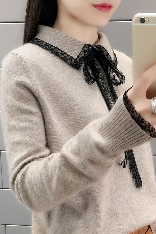 

2019 New Autumn Winter Loose Bow Long-sleeved Square Collar Sweater Women Foreign Flavor Lace Solid Color Female Pullover A2604