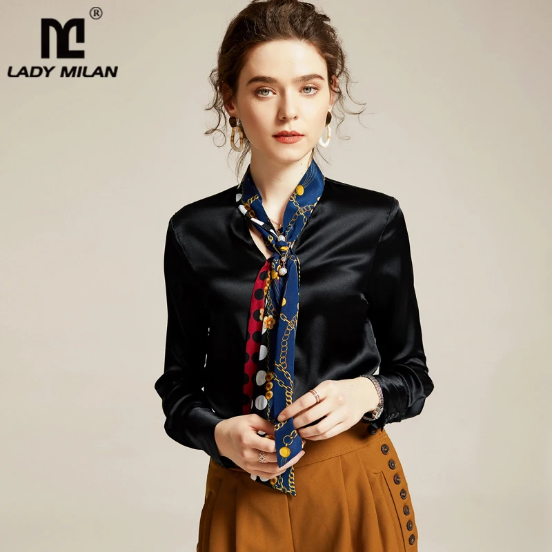 100% Шелковая женская рубашка с бантом и воротником принтом поясом длинными