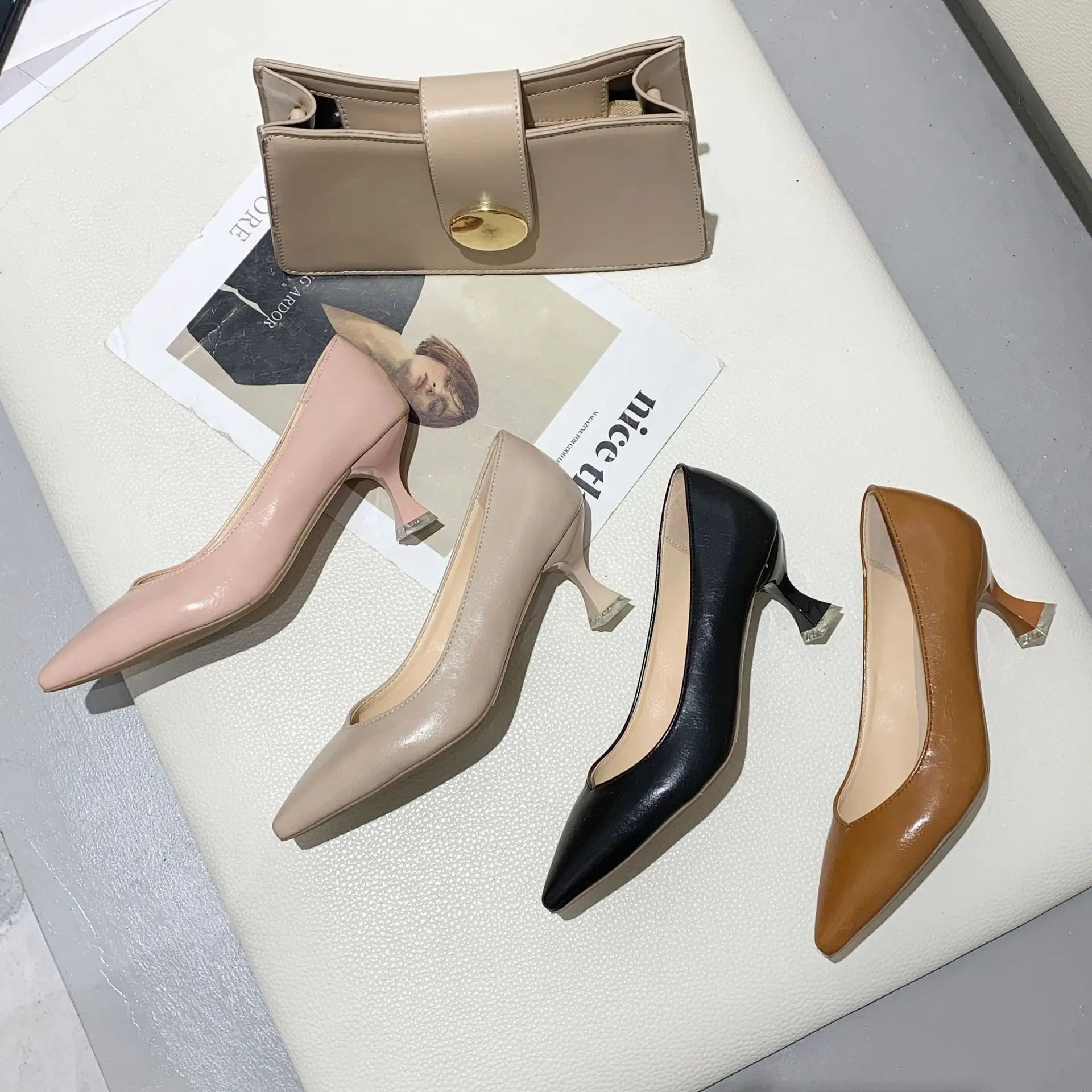 High heels women's 2020 spring style Korean style pointed toe shallow mouth fashion Square heel  Artificial Leather