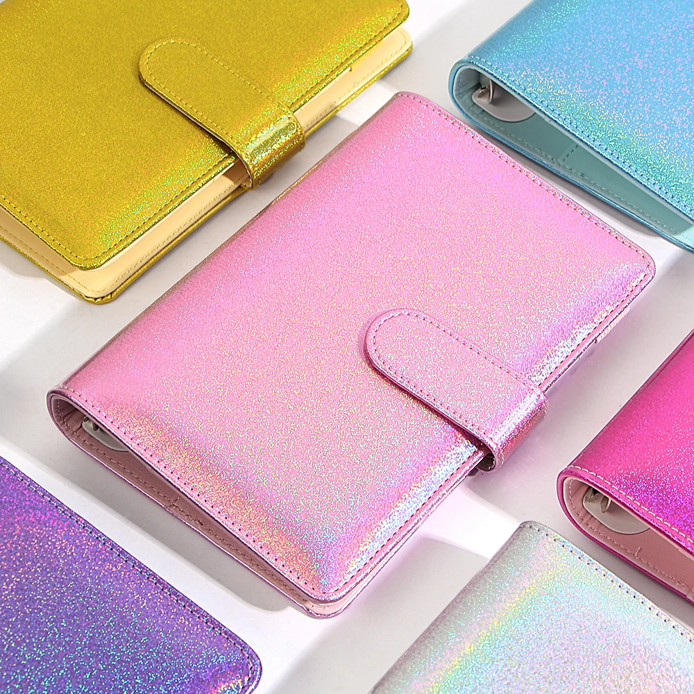 

A6 Laser Leather Notebook Cover 6 Ring Loose Leaf Personal Planner Binder Cover with Magnetic Buckle Closure