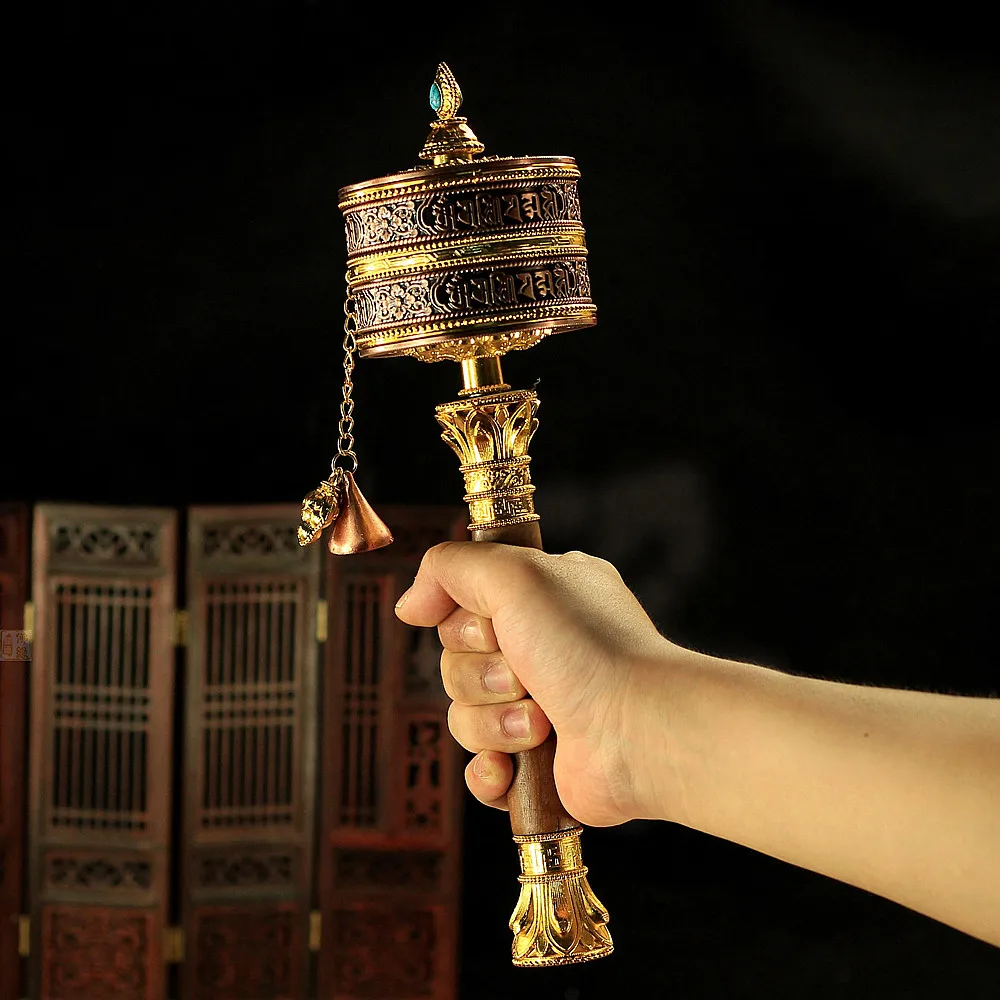 30 см двухслойный Тибетский сплав медь шесть слов Писания резьба вручную Запуск