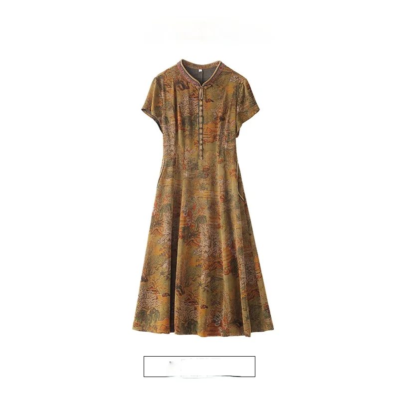 

2021 Women Spring Summer New Casual Print Dresses Female V-neck Pleated High Waist Silk Vestidos Lady Elegant Pleated Dress K100