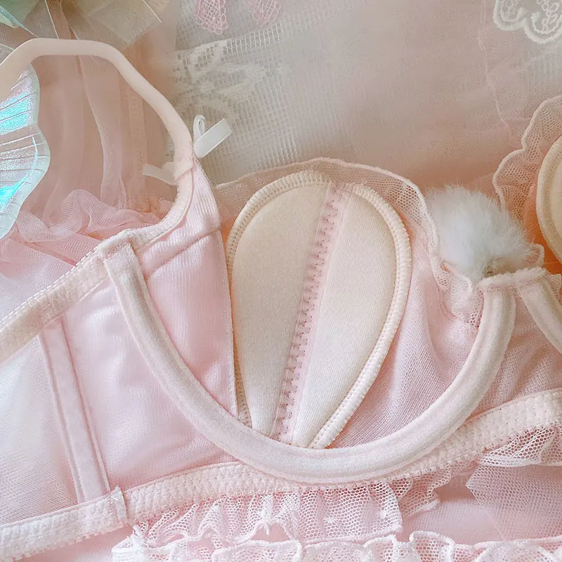 Women Japanese Underwear Suit Cute Hairball Rabbit Tail Pink Girls Student Sweet Kawaii Sexy Lace Ultra-Thin Bra & Panties Set