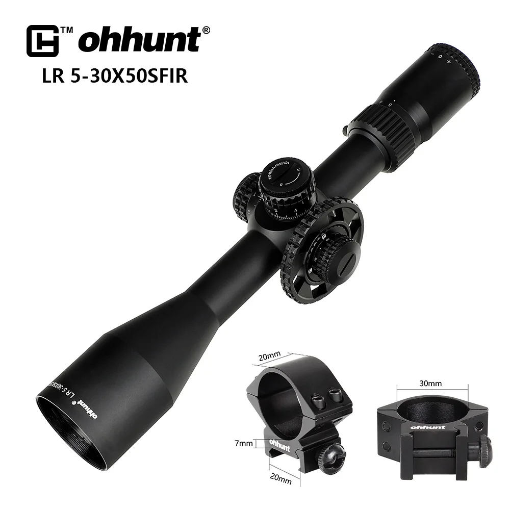 Low Picatinny Rings Ohhunt LR 5-30x50 SFIR Охотничий прицел Тактическое стекло Травленая прицельная сетка Красная подсветка Боковые параллаксные турели Блокировка сброса Прицел - Цвет: Low Picatinny Rings