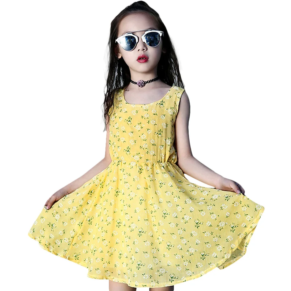 Летние платья для девочек детская одежда с цветочным принтом больших детей