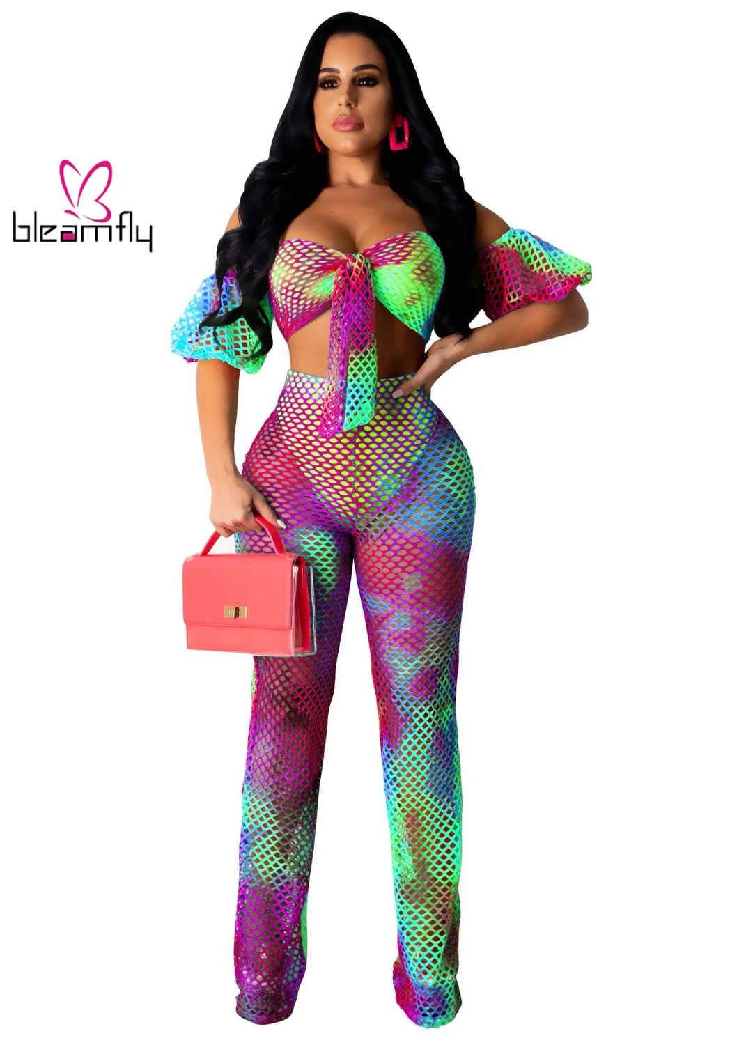 Женский костюм с открытыми плечами марлевая сетка топ принтом прямые штаны