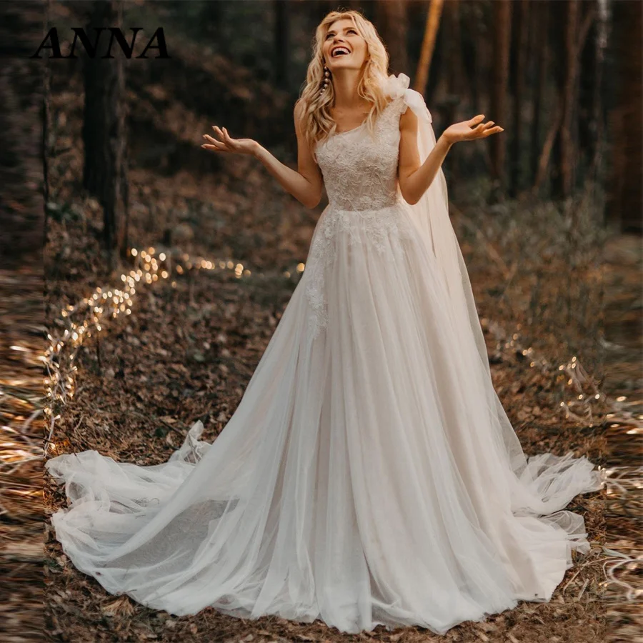 Anna Beauty Wedding Dress 2021 Elegant O-Neck Tulle Beach Party Gown Boho Applique Lace Up Vestido De Noiva Civil Women Skirt ball gown wedding dress