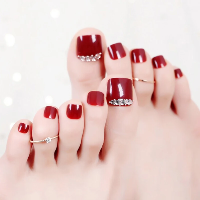 

24 шт./компл. накладные ногти Летний носок с Стразы винно-красные искусственные накладные ногти для ногтей Красота ногтей с клеем