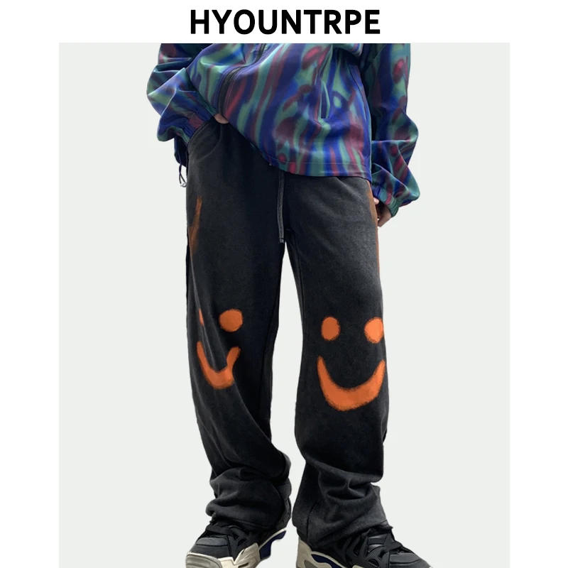 

Mens Hip Hop Smiley Graffiti Printed Pants Casual Elastic Waist Drawstring Loose Straight Pant New Streetwear Sweatpants Joggers