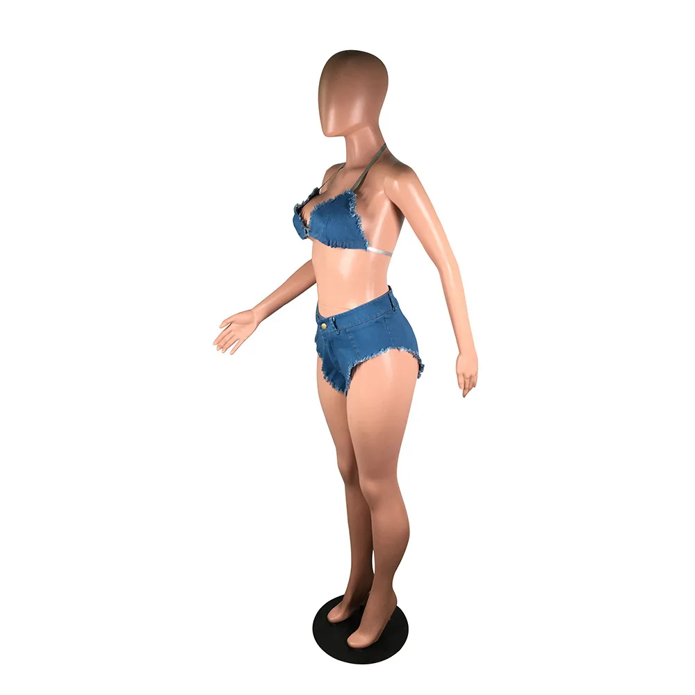 Sexy Jean Swimsuit Women 2 Pieces Set Tassled Denim Halter Drawstring Bra + Mini Shorts Women's Party Club Swimwear Bikini Suit