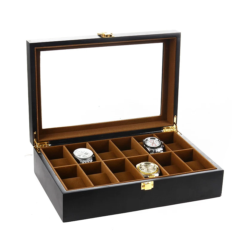 

Деревянная коробка для хранения часов в европейском стиле, черная витрина для механических часов, чехол со стеклом, органайзер для ювелирны...