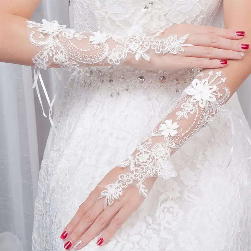 

Women Wedding Fingerless Gloves Lace Faux Pearl Floral Applique Bowknot Mittens