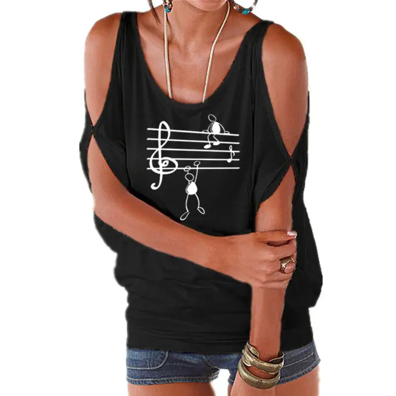 

Music Notes Funny Printed T Shirt Women Summer Animal Tshirts Girl Sexy Off Shoulder Tops Batwing Short Sleeve Lace up Tees