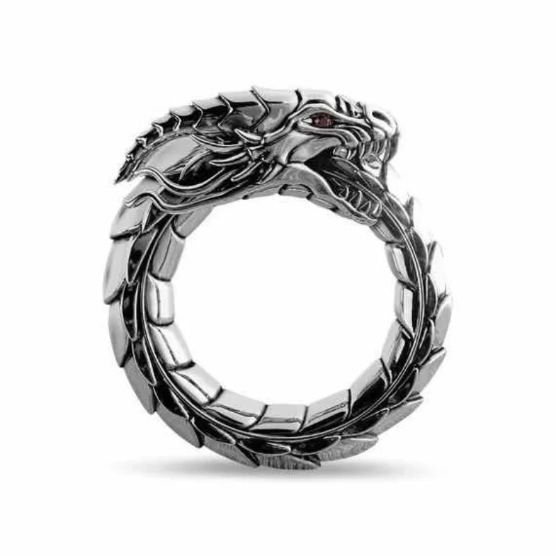 

New Men's Ring Silver Modern Dragon Serpent Red Stone Punk Viking Rings for Men Luxury Party Jewelry Trinket 2021 Trend Gift
