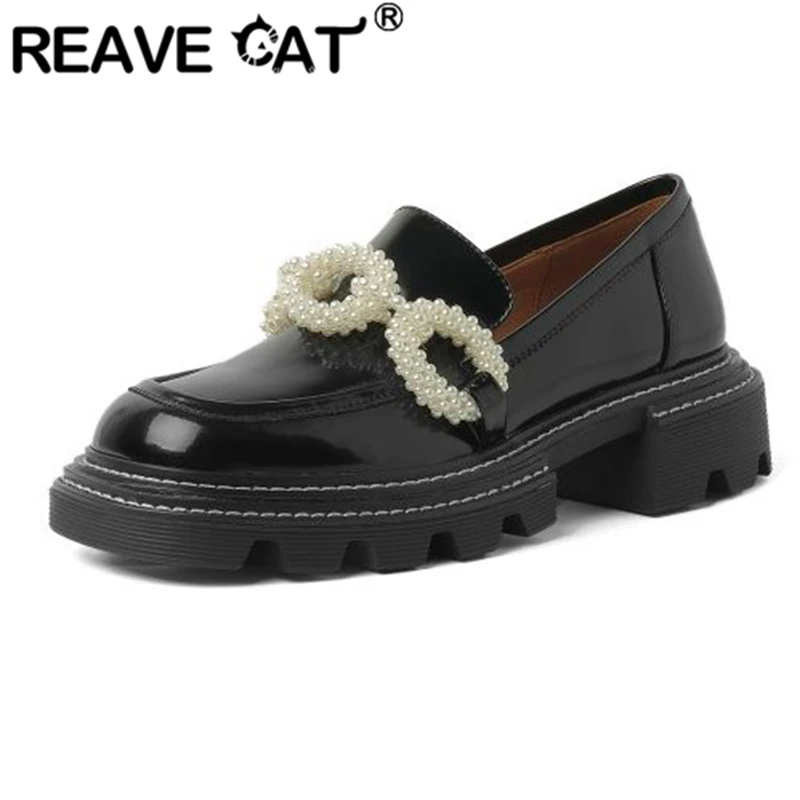 

Женские туфли-лодочки на массивном каблуке REAVE CAT, новые стильные туфли из натуральной кожи с квадратным носком и бусинами, повседневные одн...