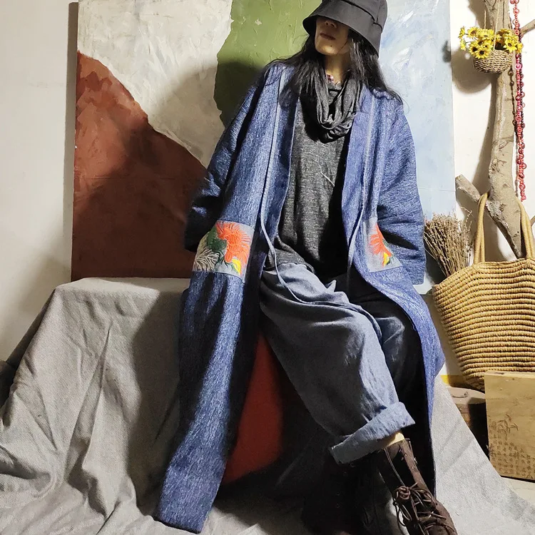 Женское джинсовое пальто с вышивкой свободная винтажная парка в стиле ретро