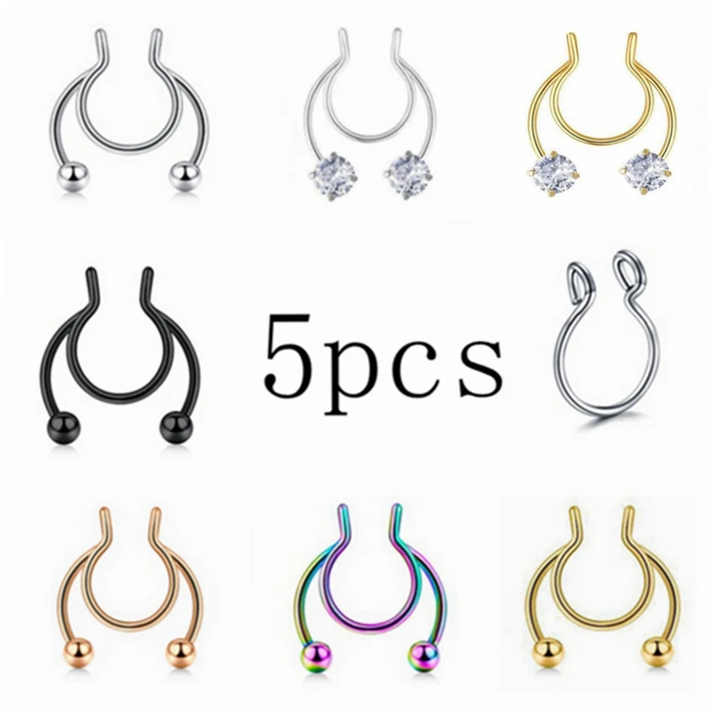 

5/15pcs Earrings Lot Fake Nose Ring Stud Stainless Steel Piercing Septum Horseshoe Ear Hoop Body Jewelry for Women H6 P002