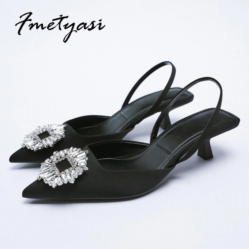 

ZA Summer Women's Sandals Shoes Rhinestone Pointed Female Low Heel Sandals Elegant Black Green Ladies Mules Slides