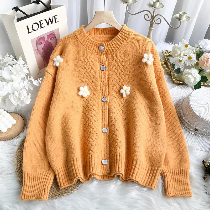 

Korean Fashion Flowers Knit Cropped Sweaters Women Knitted Jacket Autumn Solid Long Sleeve Loose Cardigan Female Casual Knitwear
