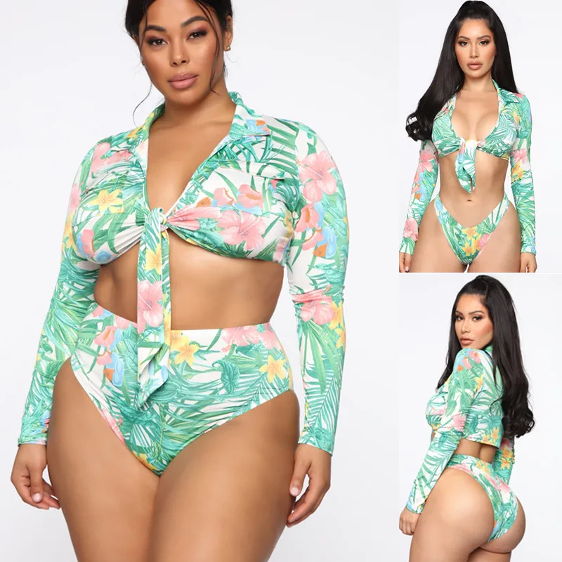

Plus Size Bathing Suits Woman 2021 Long Sleeves Swimsuit 2 Piece Sets Womens Swimwear Bow Knot Bikini Set Sexy Bathing Suit New