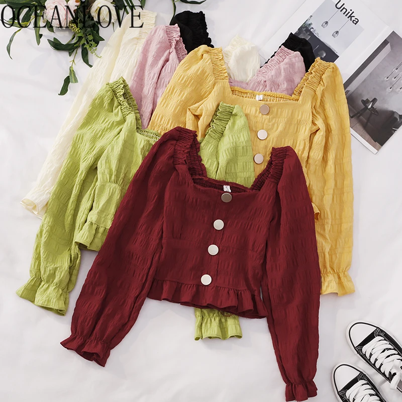 OCEANLOVE Fashion Short Women Tops and Blouses Solid Ruffles Button Square Collar Shirts Spring Summer 2020 Blusas Mujer 13509 | Женская
