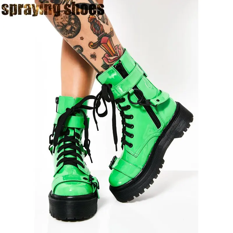 Неоновые зеленые ботинки Martens женские ботильоны на платформе с круглым носком