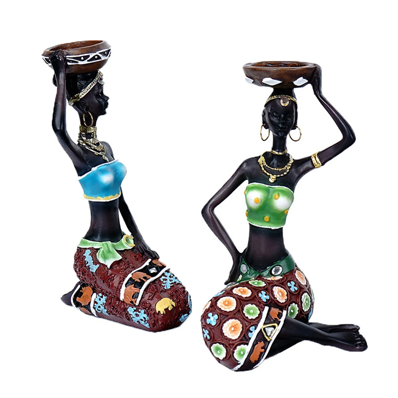 

2Pcs African Girl Exotic Statue Women Candle Holder Figure Decorations Collectible Art Piece Tribal Lady Statue Creative Vintage