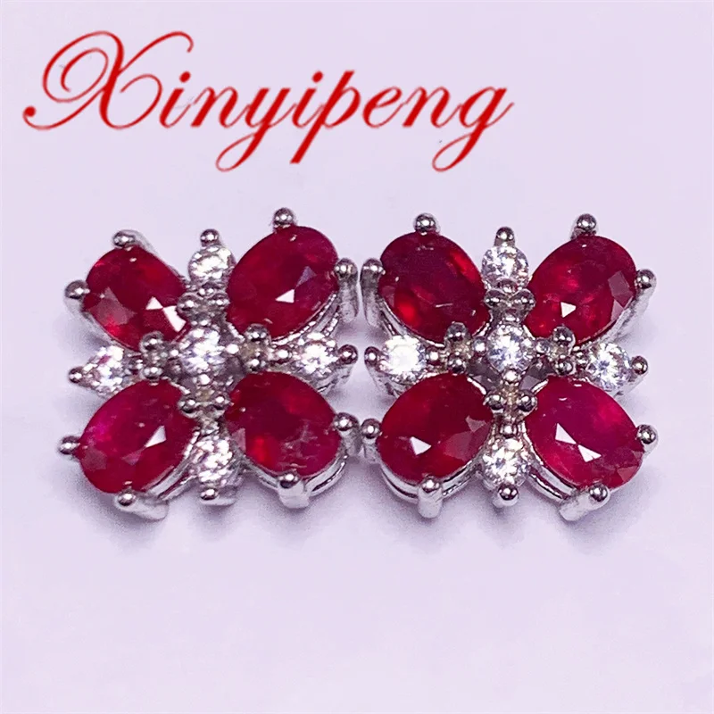 

Xin Yipeng Fine Gem Jewelry Real S925 Sterling Silver Plated White Gold Inlaid Natural Ruby Earring Engagement Gift for Women