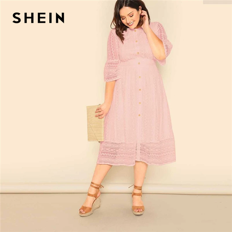 SHEIN Размер Плюс Платье С Кружевом И Пуговицами Плюс Размер Кружевное Платье с Высокой Талией Элегантное Длинное Осеннее Платье с Средним Рукавом