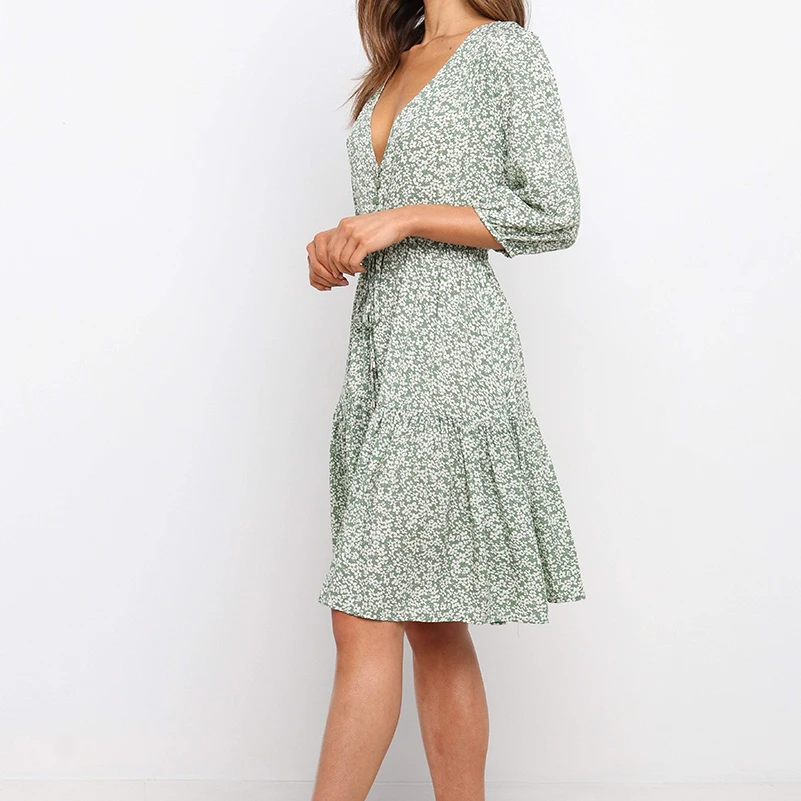 

Summer Women's Dress 2021 Casual V-Neck LOOSE Printing Lace-up Half Sleeve Comfortable Knee-length Skirt for Summer Vacation