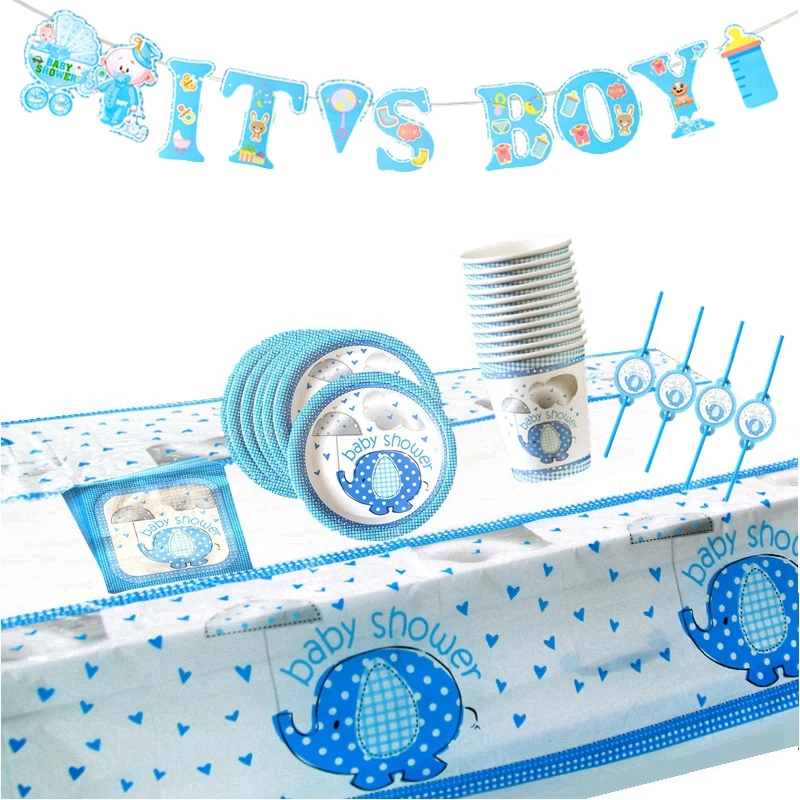 Синий Бумага со слоном кружки тарелки салфетки флаг набор одноразовой посуды для