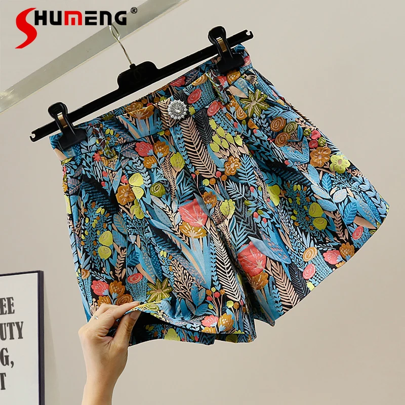 

Vintage Printed Diamond Button High Waist A- line Wide Leg Pants Ladies 2021 Summer New Fashion Loose Casual Shorts for Women