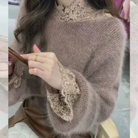 2022 autumn winter elegant fashion new mink fleece sweater women casual loose solid color round neck long sleeved knitted tops