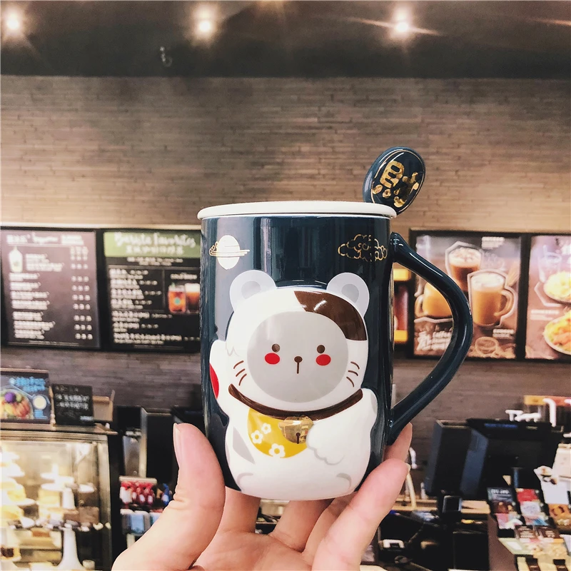 

OUSSIRRO Creative Style Lucky Kitty Cat milk coffee Tea Mugs With Spoon an Cover suit Children Cute Water Cups