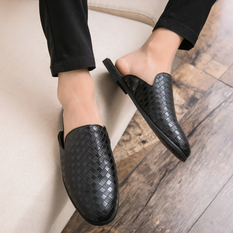 

Fashion Men Half Loafers Pu Leather Slipper Weaving Loafer Slides Breathable Mules Outdoor Lightweight Casual Shoes