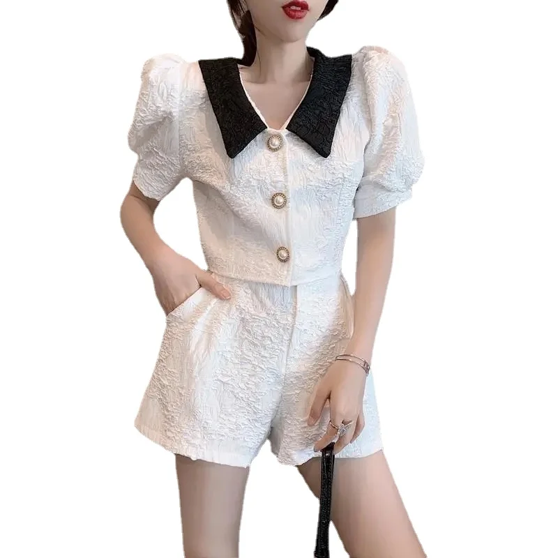 

New Summer Wide Leg Women's Shorts + Pearl Buttons Lapel Puff Sleeve Short Shirt Tops Shorts Sets Korean Two Piece Set Women