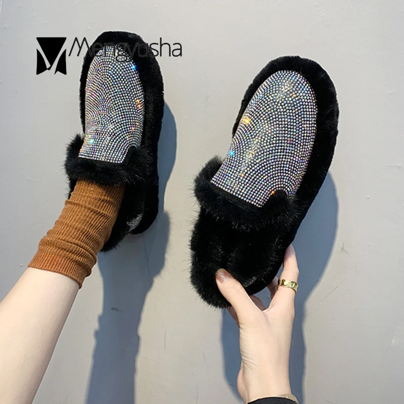Хлопковая обувь на меху со стразами женские зимние теплые плюшевые мокасины