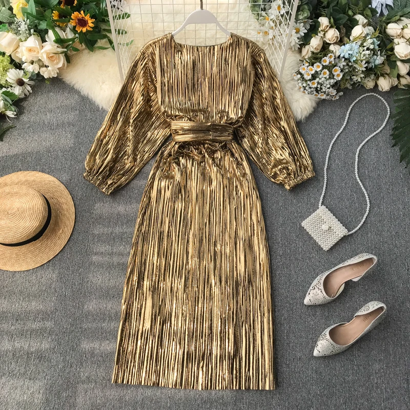 

2020 Spring Autumn Women V-Neck Lantern Sleeve Bandage Sashes Bling Silk Bow Dress Lady Elastic Slim Waist Party Midi Chic Dress