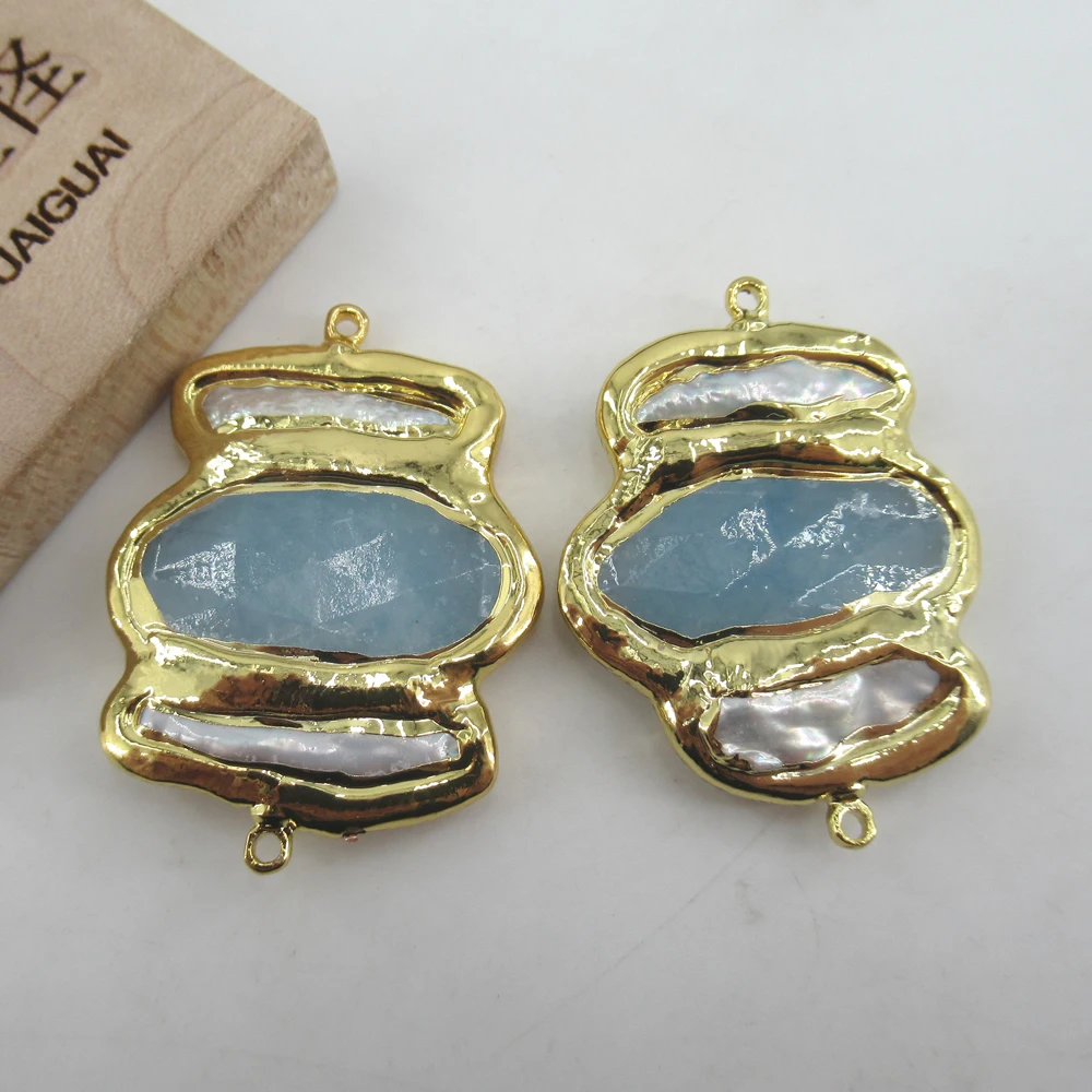 

2PC Cultured White Biwa Pearl Blue Jade Pendant Double Ring Metal Bezel Connector Jewelry Making DIY