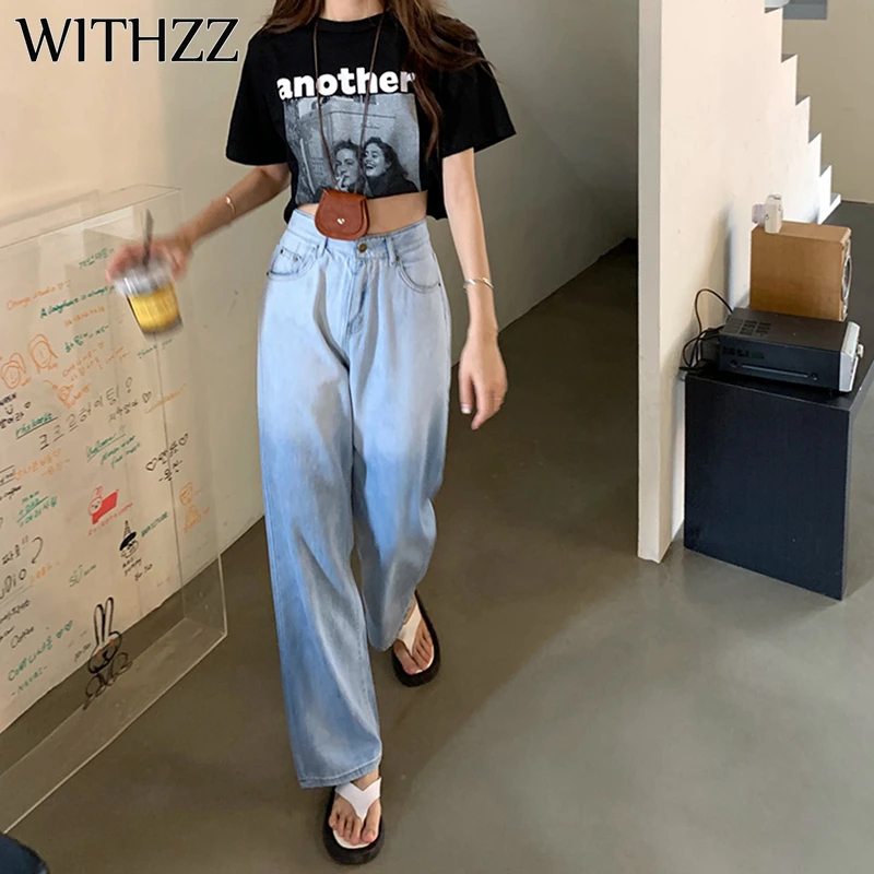 

WITHZZ Spring Summer Woman's Loose Gradient Color Denim Harem Pants Lovely Female Jeans