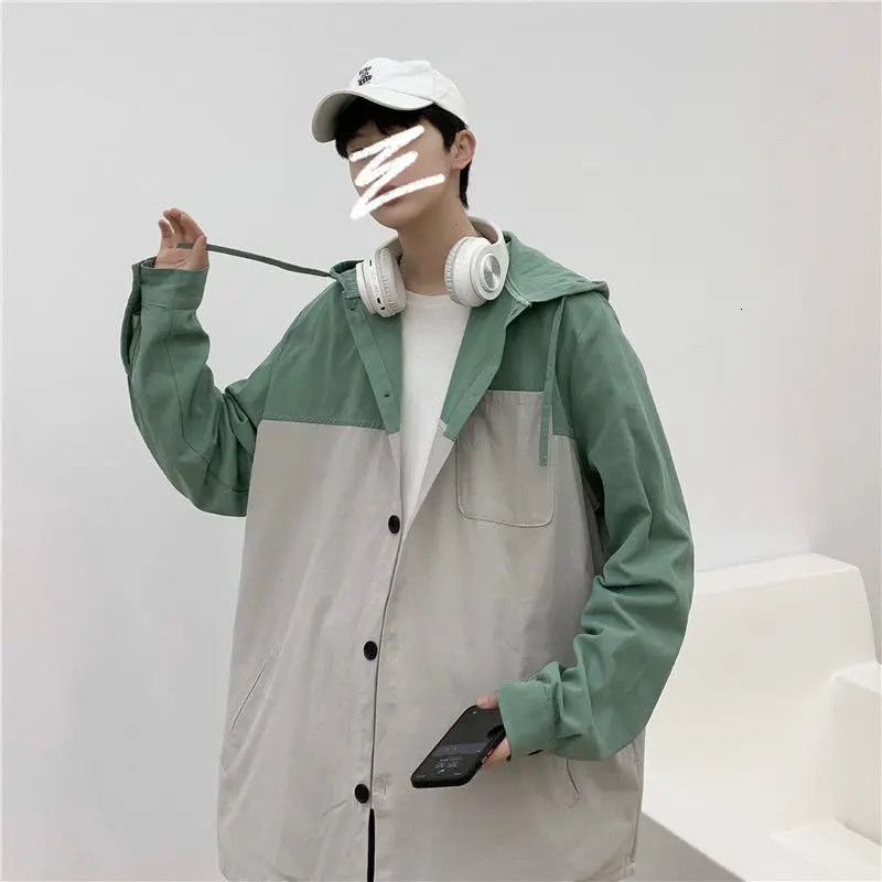 

Spring And Autumn Color Matching Hooded Jacket Mens Korean Fashion Loose Casual Windbreaker Men Streetwear Hip-hop Bomber Jacket