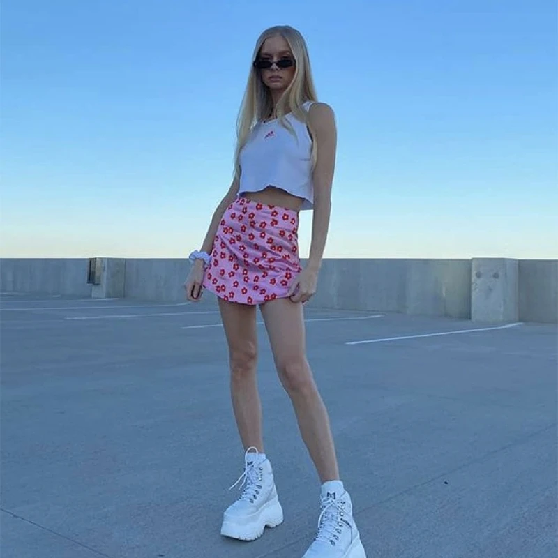 

M68C женские джинсовые шорты, с завышенной талией, атласное сексуальное с вырезом на мини-юбка А-силуэта в японском стиле Харадзюку Цветочный ...