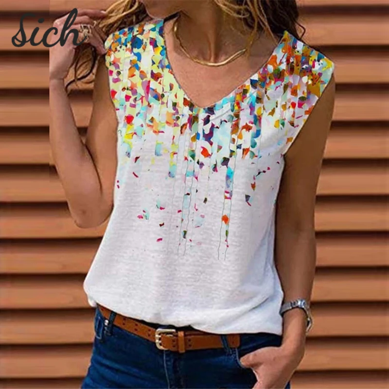 

Summer Loose Women Sexy V-Neck Sleeveless Vintage Vest Plus Size Camisole Womens Tops Fashion Floral Printed Blouse T-Shirt