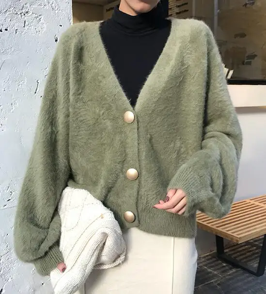 

Women Elegant Long Sleeve Mohair Sweater Cardigan Casual Single-Breasted Short Soft Autumn Winter Knitted Coat Jumper Pull